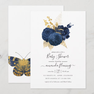 Invitation Baby Shower Rose Vintage Bleu Marine et Or