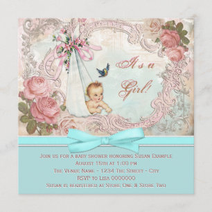 Invitation Baby shower rose vintage et bleu Turquoise
