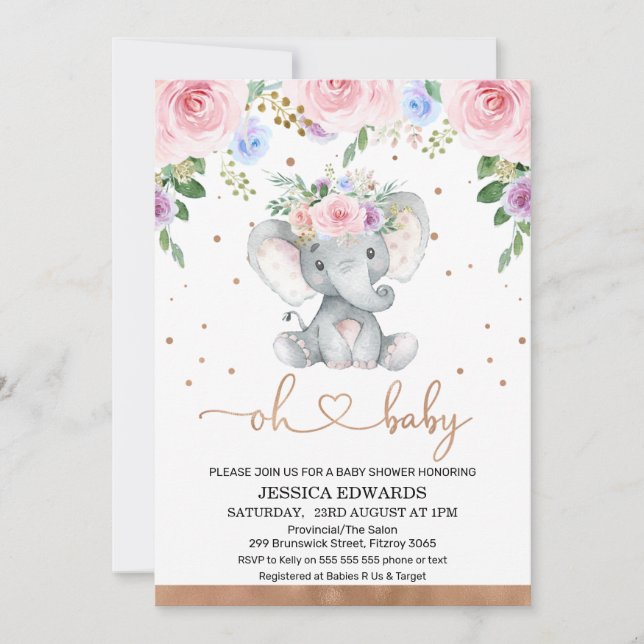 Invitation Baby shower rose violet bleu Floral Elephant (Devant)