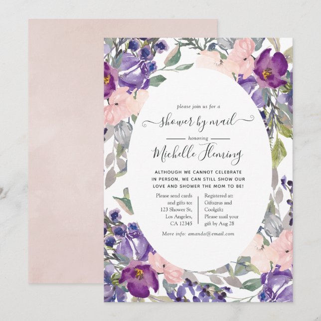 Invitation Baby shower rose, violet et prune par courrier (Devant / Derrière)