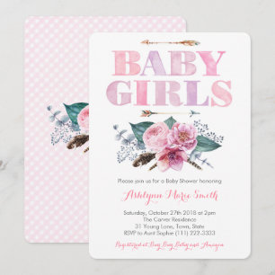Invitation Baby shower rose violet jumeaux pour filles