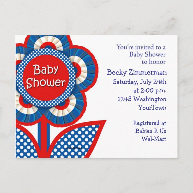 Invitation Baby shower rouge, blanc et bleu (Devant)