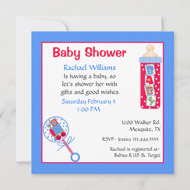 Invitation Baby shower rouge, blanc et bleu (Devant)