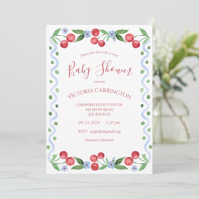 Invitation Baby shower rouge cerise douce (Debout devant)