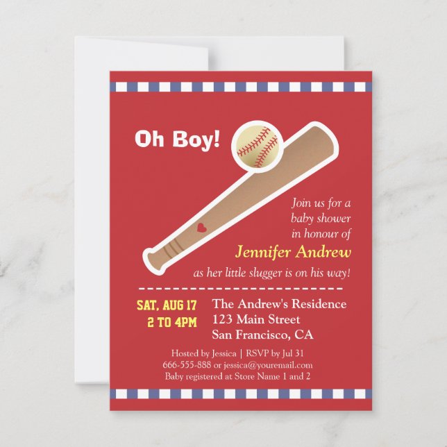 Invitation Baby shower rouge de base-ball (Devant)