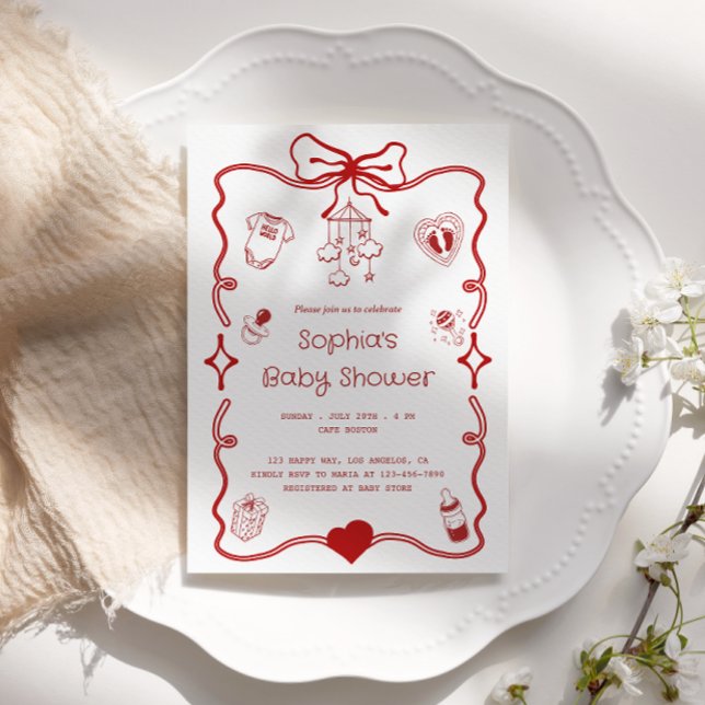 Invitation Baby shower rouge et blanc mignon pour filles ou g (Créateur téléchargé)