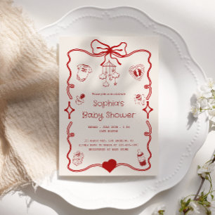 Invitation Baby shower rouge et crémeux pour filles ou garçon