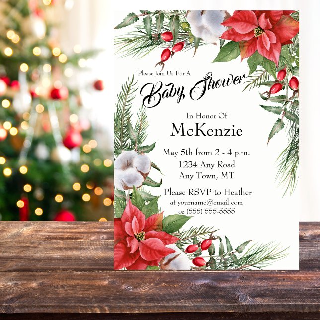 Invitation Baby shower rouge et vert de Noël Poinsettia (Modern Poinsettia Baby Shower Invitation in Shades of Red, Green, and White)