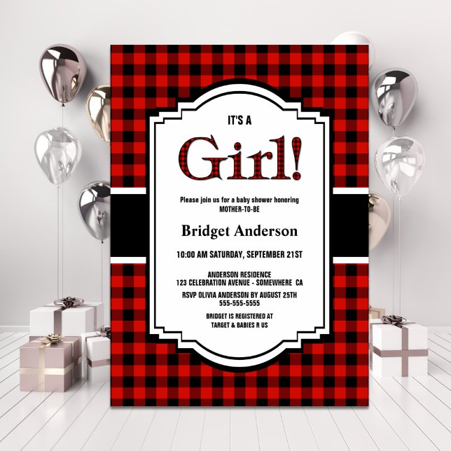 Invitation Baby shower rouge noir de Buffalo plaqué (Créateur téléchargé)