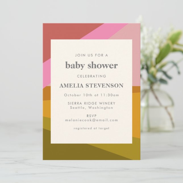 Invitation Baby shower rouge rouge vert rose vert et géométri (Debout devant)