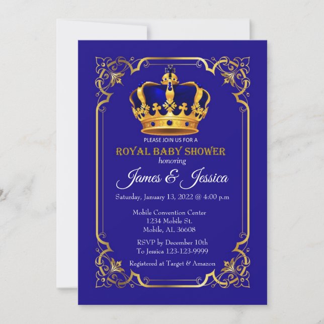 Invitation Baby shower Royal Blue et Gold Prince (Devant)