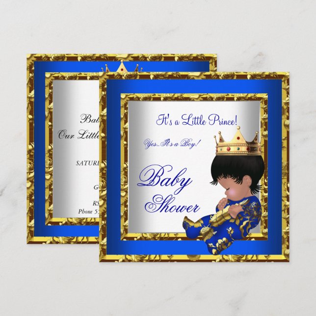 Invitation Baby shower Royal Blue Gold Boy prince 2 (Devant / Derrière)