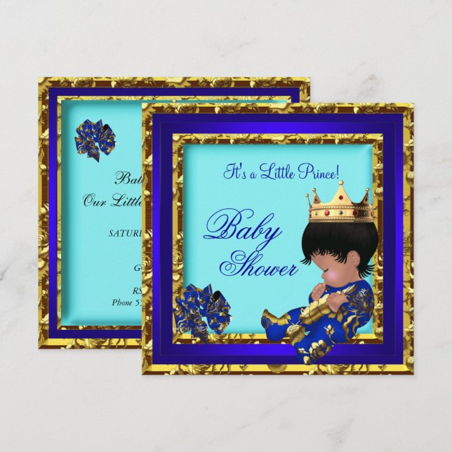 Invitation Baby shower Royal Blue Gold Boy prince de couronne (Devant / Derrière)