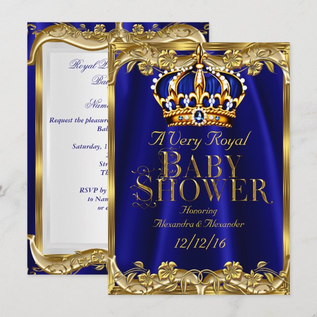 Invitation Baby shower Royal Blue Navy Gold Crown (Devant / Derrière)