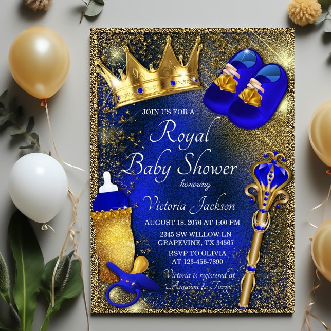 Invitation Baby shower Royal Blue Prince (Royal blue gold prince baby shower with royal baby things on beautiful royal blue gold background.)
