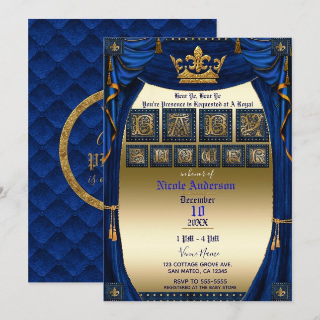 Invitation Baby shower Royal Crown Blue & Gold Prince (Devant / Derrière)
