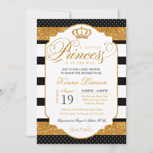 Invitation Baby shower Royal Princess Black White Stripe Gold (Devant)