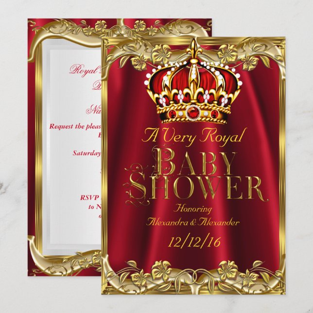 Invitation Baby shower Royal Regal Red Gold Crown (Devant / Derrière)
