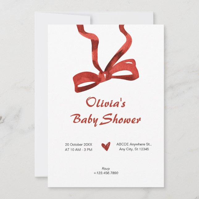 Invitation Baby shower ruban de cravate arc rouge (Devant)