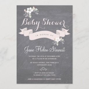 Invitation Baby shower ruban floral rose clair tableau noir