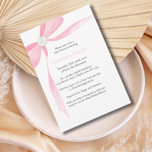Invitation Baby Shower Ruban Rose Perle Blanche Bébé Fille Mo