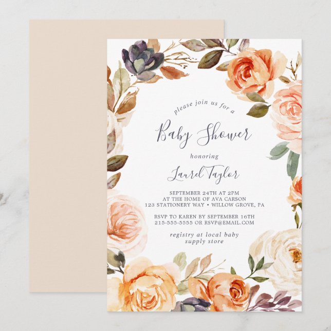 Invitation Baby shower Rustic Earth Florals (Devant / Derrière)