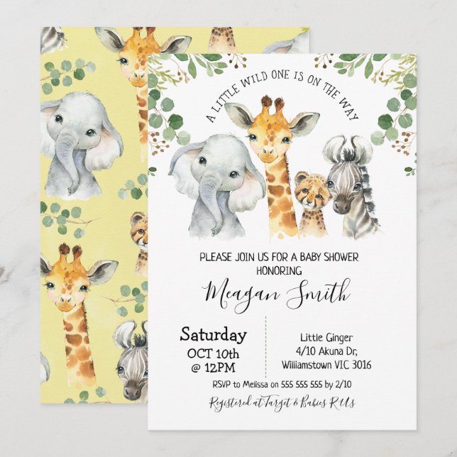 Invitation Baby shower Rustic Foliage Safari Animaux (Devant / Derrière)