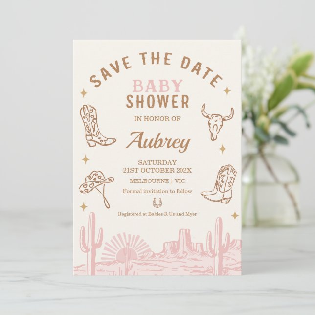Invitation Baby shower Rustic Rose Cowgirl Enregistrer La Car (Debout devant)