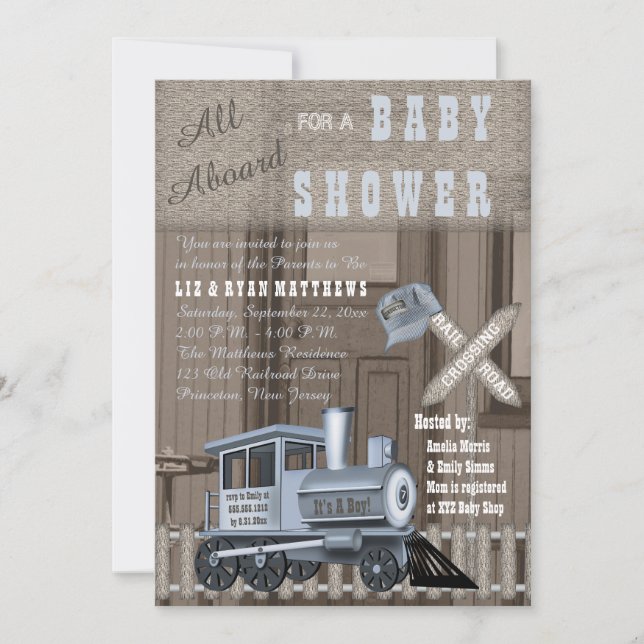 Invitation Baby shower Rustic Train Trailroad Crossing Invita (Devant)