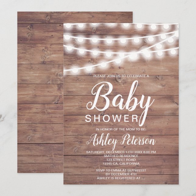 Invitation Baby shower rustique à cordes de bois brun (Devant / Derrière)
