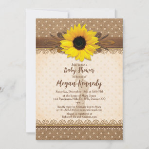 Invitation Baby shower Rustique à pointes Polka de tournesol