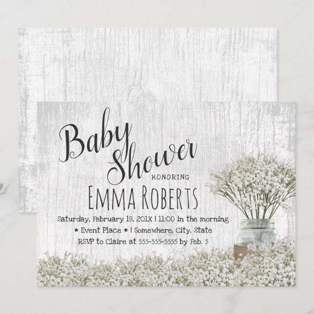 Invitation Baby shower rustique Bébé's Breath Mason Jar Flora (Devant / Derrière)
