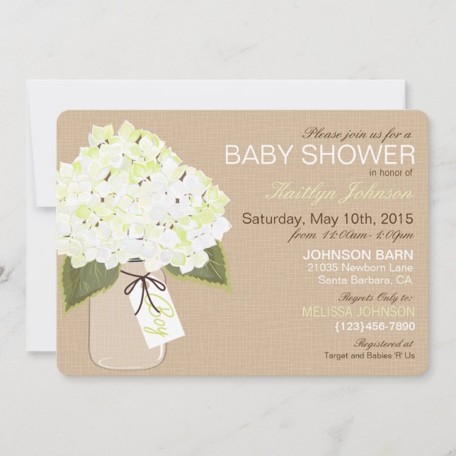 Invitation Baby shower rustique blanc Hydrangea Mason Jar (Devant)