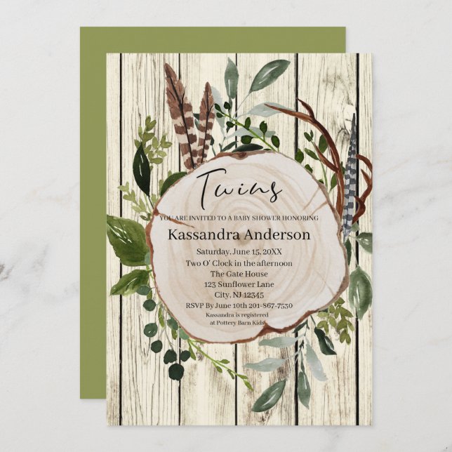Invitation Baby shower rustique Boho Green Twins (Devant / Derrière)