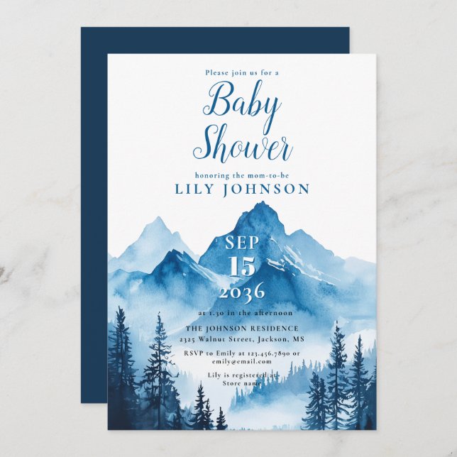 Invitation Baby shower Rustique Boho Watercolor Mountain (Devant / Derrière)