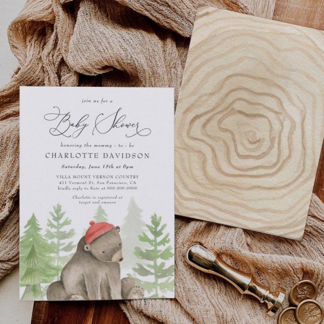Invitation Baby shower rustique Bois Ours Bois (Créateur téléchargé)