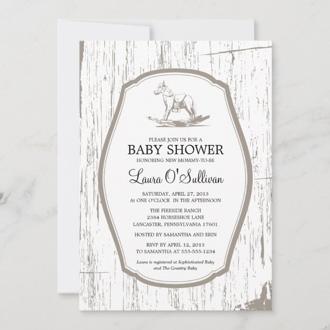 Invitation Baby shower Rustique Bois Rocking Horse (Devant)