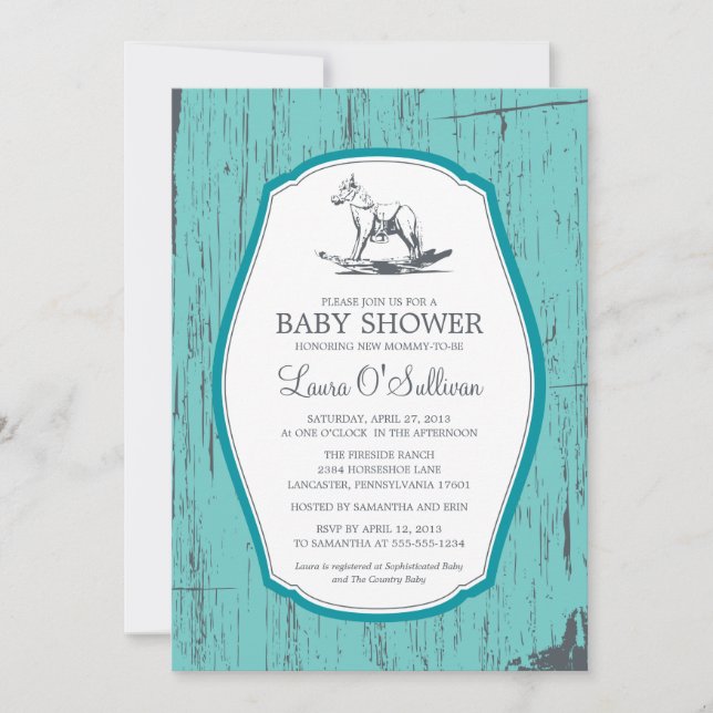 Invitation Baby shower Rustique Bois Rocking Horse (Devant)