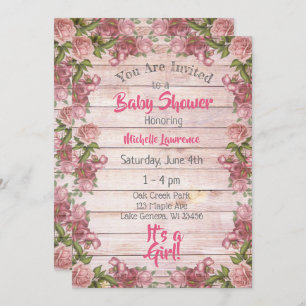 Invitation Baby shower Rustique Bois Rose Roses