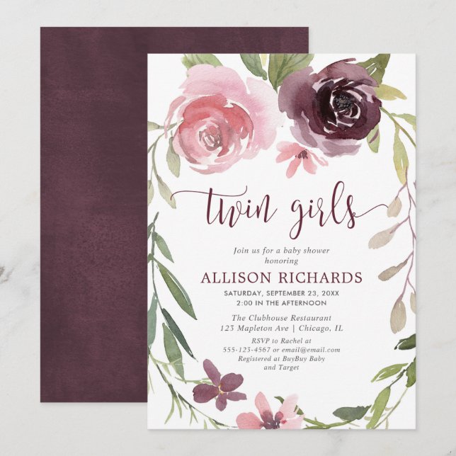 Invitation Baby shower rustique burgundy blush jumeaux filles (Devant / Derrière)