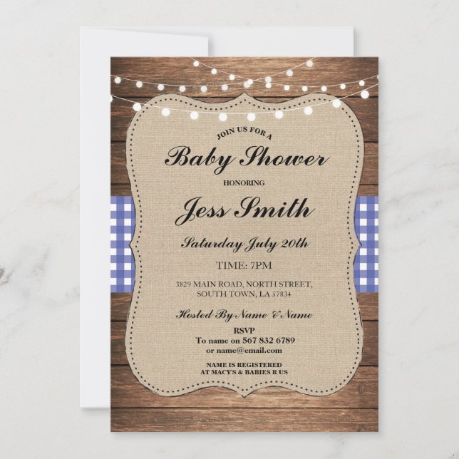 Invitation Baby shower Rustique Burlap Blue Wood BBBQ Invitat (Devant)