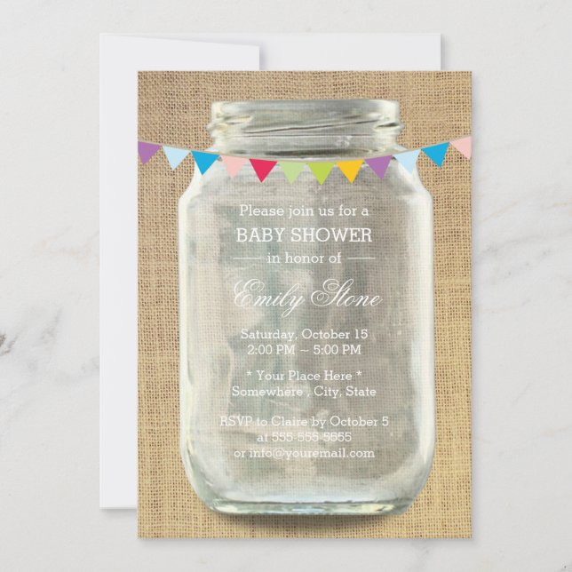 Invitation Baby shower rustique Burlap Mason Jar (Devant)