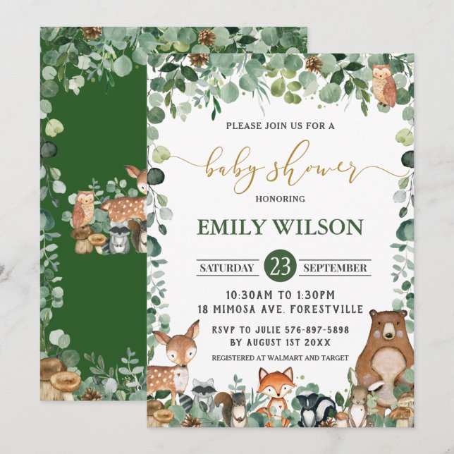Invitation Baby shower rustique chic verdure Bois Animaux (Devant / Derrière)