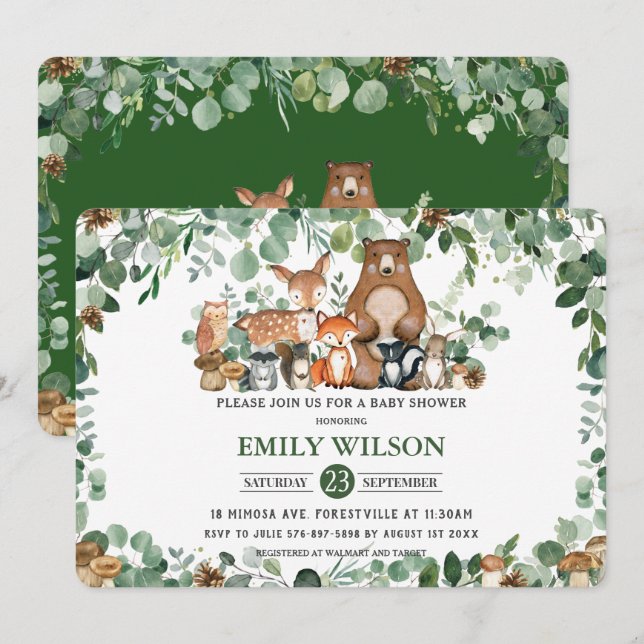 Invitation Baby shower rustique chic verdure Bois Animaux (Devant / Derrière)
