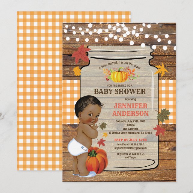 Invitation baby shower rustique Citrouille vintage (Devant / Derrière)