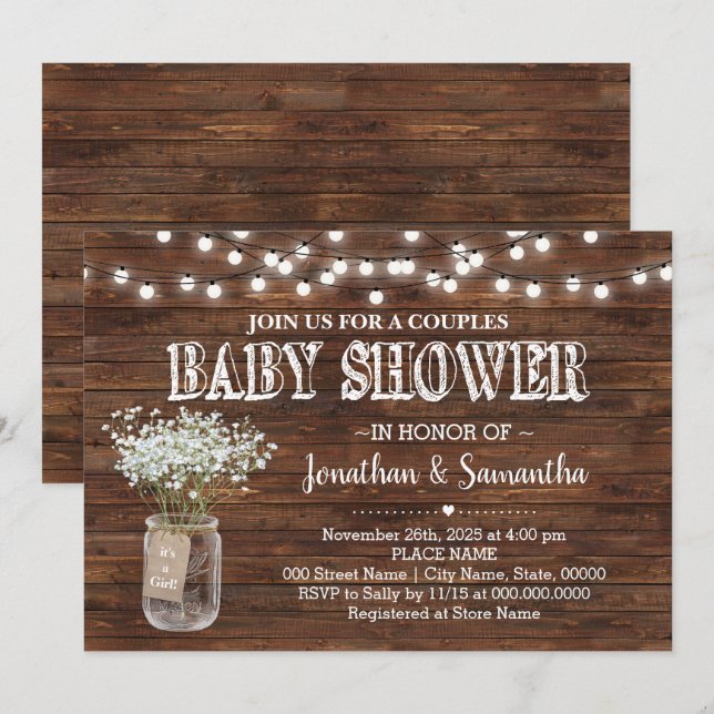 Invitation Baby shower rustique couples grange de campagne (Devant / Derrière)