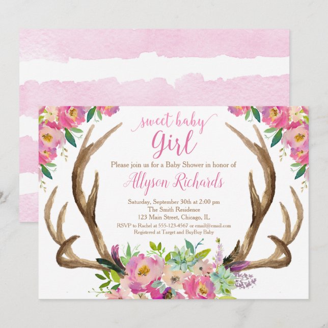 Invitation Baby shower rustique d'andouillers de boho de bébé (Devant / Derrière)