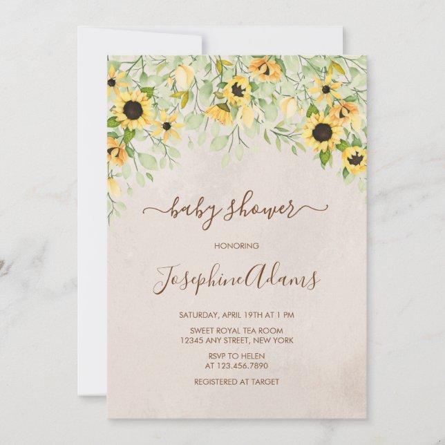 Invitation Baby shower rustique d'aquarelle de tournesol jaun (Devant)