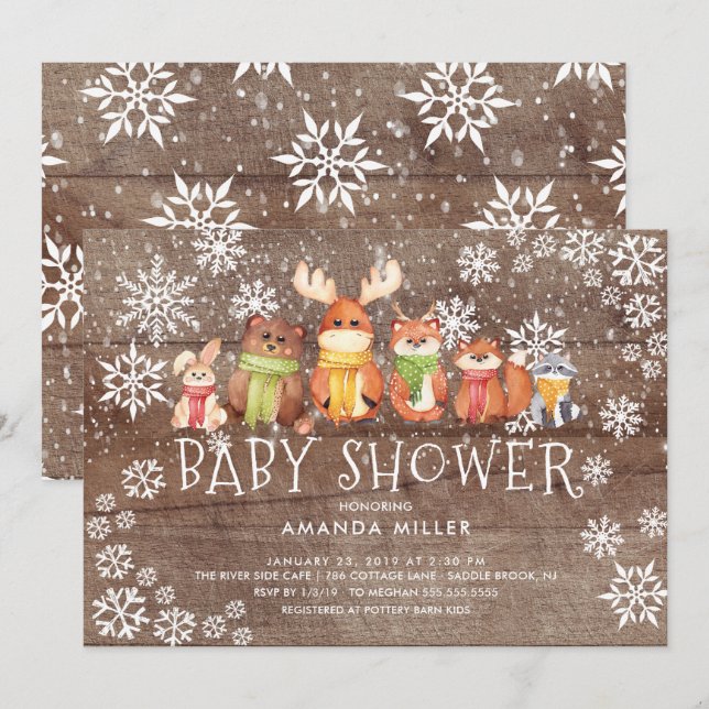 Invitation Baby shower Rustique de flocon de neige Bois Anima (Devant / Derrière)