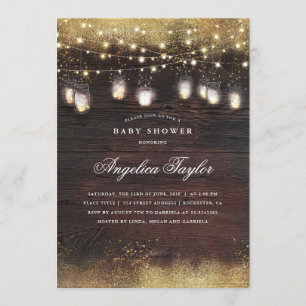 Invitation Baby shower rustique de lumières de pot en bois et